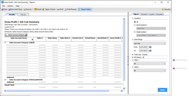 CCC ONE desktop showing the Gross Profit / Job Cost Summary Report.